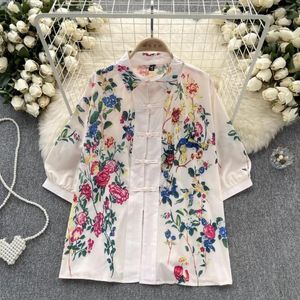 Women's Blouses French Chic Shirts For Women Floral Print Frog Long Puff Sleeve Loose Blusa Autumn Vintage Versatile Female Tops Drop