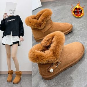 Botas de neve de tubo curto para mulheres 2023 novo outono e inverno de pelúcia sola grossa sapatos de algodão moda manga pão sapatos calor ru112