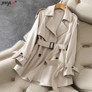 Kvinnors dike rockar Spring Autumn Streetwear Double Breasted Short Coat for Women Classic Long Sleeve Belt Windbreaker Casual Mid Length 231026