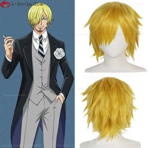 Catsuit Costumes Anime Sanji Cosplay Short Golden Yellow Heat Motent Hair Halloween Party Men Wigs + Wig Cap