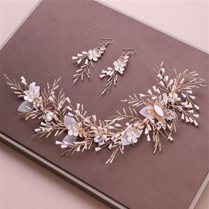 Perline di cristallo Copricapo Orecchini Opale Fiore Farfalla Corona Diademi Set di gioielli Accessori per capelli da sposa da sposa Fascia Gold208J