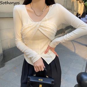 Women's T Shirts Patchwork T-shirts Women Slim Sexy Spring Office Lady French Style Crop Tops Slite Chic Eesthetic Folds Solid Temperament