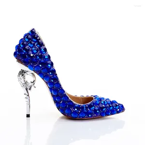 Sandaler 2023 Summer Women's Fashion Shoes Royal Blue Crystal Pointed Toe Stiletto Shallow Mouth Handgjorda Sexiga diamanthöga klackar