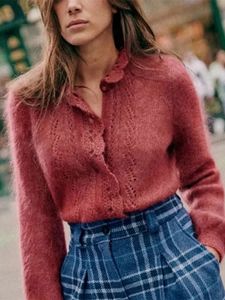 Swetery kobiet 4 kolory Women szydełkowy pusty sweter w wełna temperamentu pojedynczego temperamentu piersiowego i Mieszanka Mohair Długie rękawem żeńska kardigan 231026