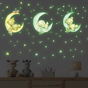 Wall Stickers Tiny Cute Luminous Teddy Bear on the Moon Stars Glow in Dark Decals for Kids Room Baby Nursery Home Decor 231026