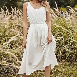 Abiti casual Estate Donna Elegante abito bianco Romantico Bellissimo elastico in vita Midi Canotta senza maniche per donna255m