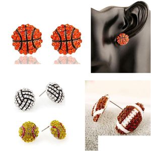 Stud New Fashion Sports Game Ball Post Earrings Rhinestone Basketball Volleyball Baseball American Football Fan Jewelry Gifts Drop Del Dheby