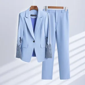 Dwuczęściowe spodnie damskie eleganckie kobiety formalne 2 zestaw niebiesko biała różowa kurtka mody modyfikowane biuro damskie prace biznesowe noszenie zestawów spodni blezer