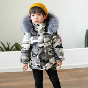 Para baixo casaco 30 graus crianças inverno jaqueta de pato branco para roupas de menina parka menino camuflagem casacos terno de esqui grosso pele crianças snowsuit 231026