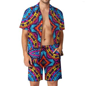 Męskie dresy plemienne fitness fitness Outdoor Men Sets Aztec Boho Style Casual Shirt Set Set Summer Shorts 2 -Place Vintage Suit