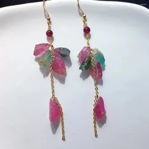 ダングルイヤリング1ペアFengbaowu Natural Raud Multholored Gem Tourmaline Elbaite EarringReiki Healing Stone Fashion Jewelry Gift