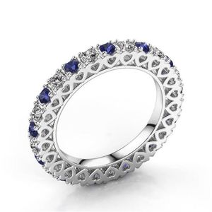 Classical New Unique Fashion Jewelry 925 Sterling Silver White&Blue Sapphire CZ Diamond Gemstones Heart Hollow Women Wedding Band 288B
