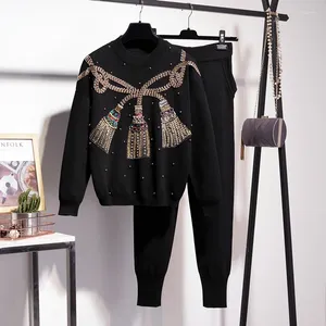 Women's Two Piece Pants Heavy Work Beaded Sequin Black Pullover Sweater Long Knit Women Casual Loose Knitted Tracksuit Female Outfits