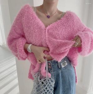 Women's Knits Korea Chic Mohair Sweater Casual Women V-neck Single-breasted Fashion Simple White Yellow Pink Knitted Cardigan Coat Autumn