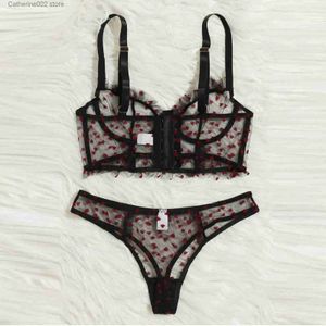 Reggiseni Set Lingerie da donna Sexy Plus Size Fiore femminile Ricamo Reggiseno trasparente Perizoma Intimo sexy Porno Lingerie Set Pizzo trasparente T231027