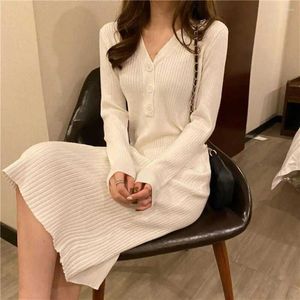 Casual Dresses Women Fall Winter Dress Knitted Thick Solid Color V Neck Long Sleeve Soft Mid-calf Length Sheath Tight Waist Lady Midi
