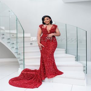 Luxurious Red Mermaid Evening Dress Sequin Sparkly Plus Size Prom Dress With Beaded Sweep Train Aso Ebie Special Formal Birthday Dress Vestos De Gala Fiesta 2024