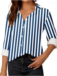 Kvinnors blusar 2024 Casual Women Stripe Plaid tryckknappar Löst skjortor Toppar Spring Autumn Elegant Lapel Long Sleeve Office Lady Blue