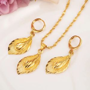 14 K Solid Gold GF Necklace Earring Set Women Party Gift Big Leaf Sets Daily Wear Mother Gift DIY Charms Girls Fine Jewelry