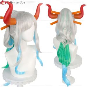 Catsuit trajes anime yamato cosplay chifres longos cachos gradiente mulher resistente ao calor cabelo perucas de halloween adereços + peruca boné