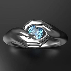 Anéis de casamento 2021 mãos requintadas abraçam anel azul cristal strass elegante feminino noivado moda presente d2270p