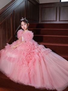 Tulle bollklänning Småbarn Flower Girl Layed Ruffles Piping Shiny Little Glitz Girls Pageant Teens Princess Dresses Organza Birthday Party Dress 403