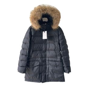 Jaqueta masculina puffer designer jaquetas de comprimento médio inverno pele de guaxinim casaco parka sobretudo design de bolso grande grosso quente com capuz para baixo roupas corta-vento