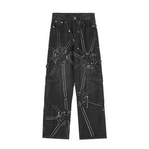 High Street European America Style Jeans Man Patchwork Spliced Web Bleached Straight Full Length Loose Wide Leg Denim Pants