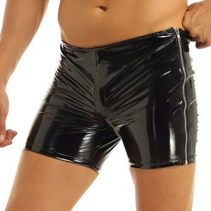 Underbyxor Mens Erotic S5XL PVC Kort för sexporr Latex -dragkedja bredvid Male Patent Leather Boxer Sexig botten Underkläder 231027