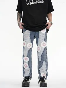 Erkekler için erkek kot yihanke yüksek sokak vintage nakış bol kıyafet gevşek rahat düz erkek pantolon