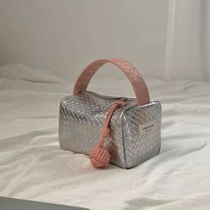 Silver Powder Color Matching Woven Pattern New Handbag Small Bag Portable Makeup Bag Storage Bag Organizing Bag 231015