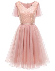 Homecoming Dresses Princess V-Neck Sequins Tulle A-Line Cocktail Formal Occasion Birthday Prom Graudation Cocktail Party Gowns H003