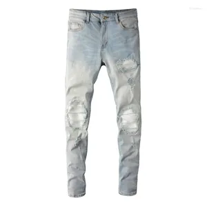 Mäns jeans ljusblå orolig EU dropp denim mustasch vita revben lapptäcke smala passade hål stretch rippade