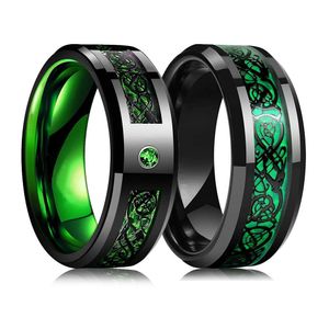 Moda preto anéis de casamento para homens incrustados verde zircão punk aço inoxidável anel de fibra carbono entrega gota dhgarden ot2ne