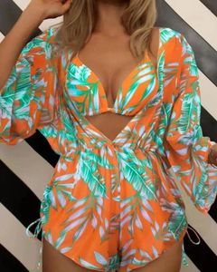 Mulheres Swimwear 3 Pcs Tropical Imprimir Halterneck Bikini Bodysuit 2023 Verão Acima do Joelho Sem Underwire Bra Manga Longa