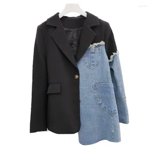 Ternos femininos irregulares denim retalhos blazer jaqueta feminina primavera preto entalhado colarinho manga longa outerwear feminino jeans emenda terno