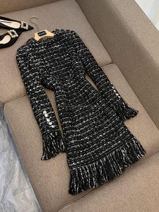 2023 Autumn Black Tweed Glitter Tassel Dress Long Sleeve Round Neck Knee-Length Buttons Casual Dresses D3A09