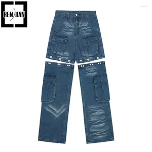 Jeans masculinos design de moda oversized y2k baggy cargo denim calças com bolsos inferior destacável pode usar como curto