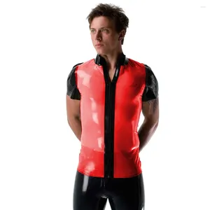 Herr t-skjortor sexig kort ärm svart lapptäcke klara pvc herrjackor moto hög hals se genom dragkedja t-shirt fetisch plastklubb toppar