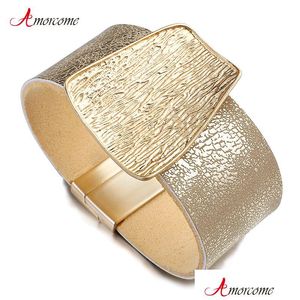 Gold Metal Charm Leather Bracelet For Women Femme Fashion Wide Wrap Bracelets Bangles Jewelry Drop Delivery Dhgarden Otr3V