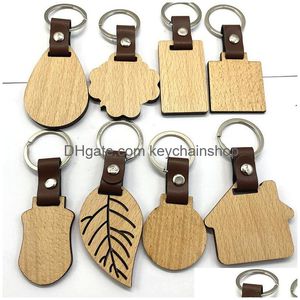 New 10 Styles Beech Keychain Personalized Wooden Leather Keychains Bag Decoration Diy Key Drop Delivery Dhzwc