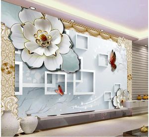 壁紙3Dブロックテレビバックドロップエンボス加工花パペル壁画の壁紙家の装飾の花