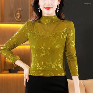 Kvinnors T-skjortor M-4XL Elegant Fashion Flower Flocking Shirt Långärmad kvinnor 2023 Autumn Diamond Mesh Tops