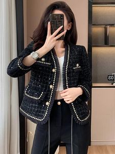 Damenjacken Elegante Frauen Schwarz Tweed Jacke Mantel Herbst Langarm Kleine Duftende Weibliche Mode V-ausschnitt Büro Kurze Tops