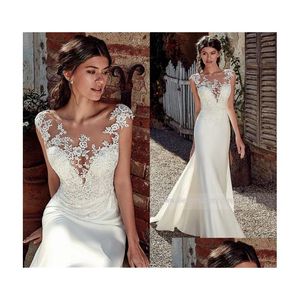 Mermaid Wedding Dresses 2023 Modest Soft Satin Scoop With Lace Appliques Sheer Bridal Gowns Illusion Back Robe De Mariee Drop Delive Dh0Wd