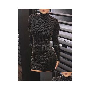 Basic Casual Dresses Women Sequined Long Sleeve Tassel Bodycon Party Club Turtleneck Skinny Sexy Dress 210316 Drop Delivery Appare Dhylq