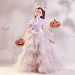 2023 Girls Pageant Dress Ball Gown Ruffled Flower Girls Birthday Party Dresses Halloween Children Dress Cosplay Shiny Angel Girl Kindergarten Performance Dress