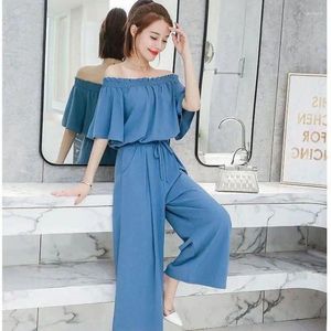 Kvinnors tvådelar Pants Casual Suit 2023 Summer Chiffon Plus Size Clothing Kort ärm Crop Top Wide Leg Ankle-Length 2 Set