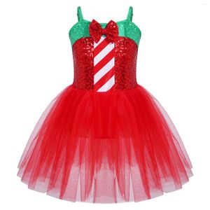 Girl Dresses Kids Girls Christmas Dance Costume Ballet Figur Skating Tutu Dress Sleeveless Paljetter Mesh Xmas Party Performance Dancewear