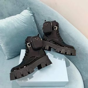 Platform Wedges lace-up round Toe block heels Flat booties chunky luxury designer for Bare boots Black Patent calf leather Nylon pouch Ankle Combat Boots 35-42